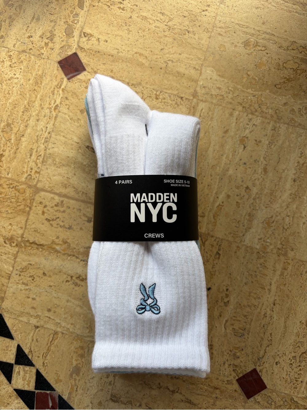 Madden Girl White Crew Socks with Light Blue Bunny Embroidery